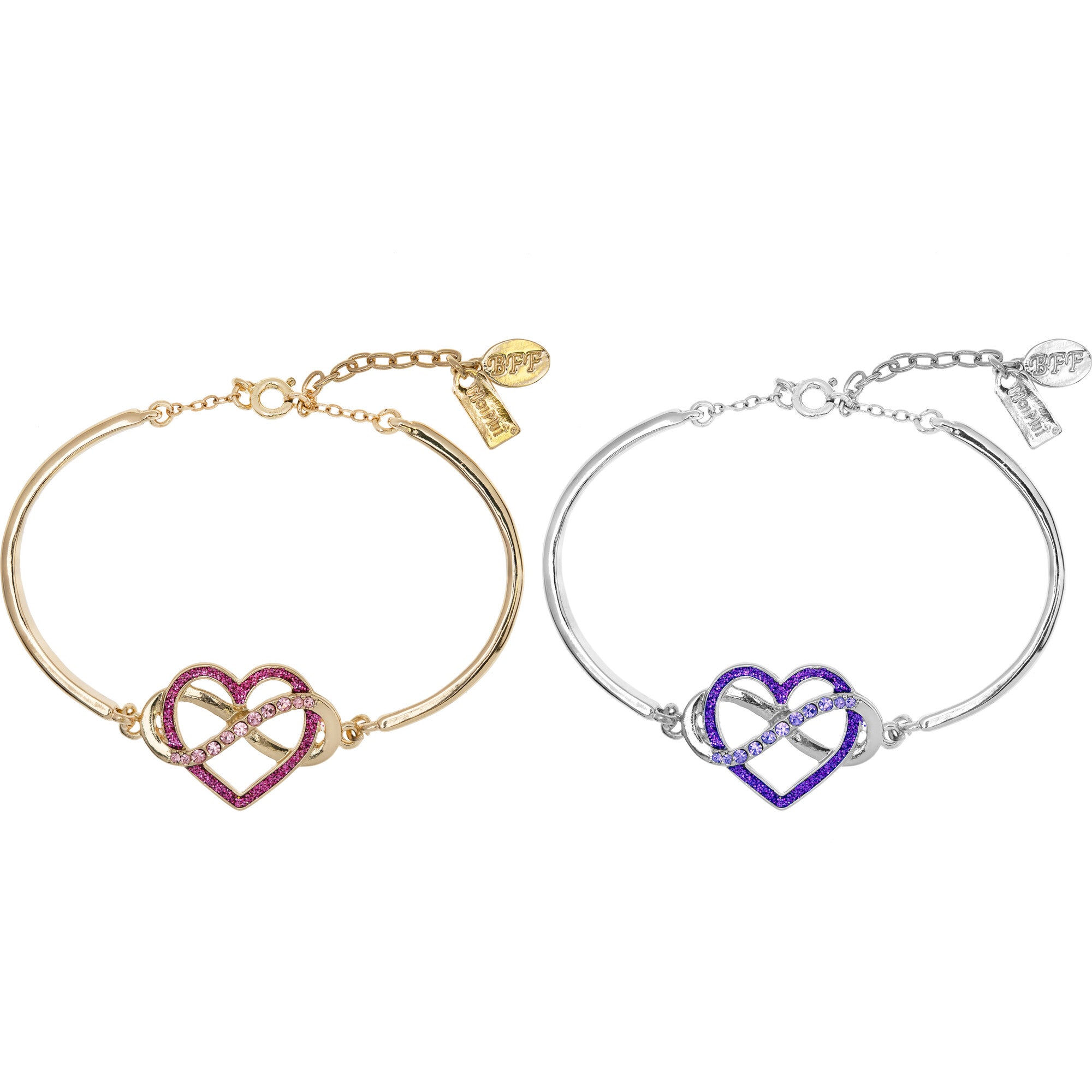 Two friendship bracelets, one silver with purple heart and infinity loop in middle, the other is a gold bracelet with pink heart and infinity loop in middle of heart